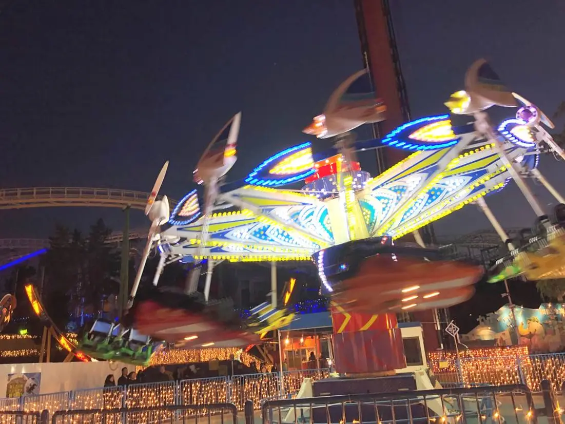 夜の遊園地で輝くアトラクション