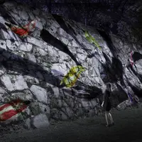 石垣の空書と鯉 反転無分別 - 広島城跡 / Spatial Calligraphy and Carp on the Castle Walls, Reversible Rotation - Hiroshima Castle Ruins teamLab, 2019, Digital Installation, Sound: Hideaki Takahashi