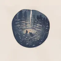 ふるさかはるか「夜営」2018 木版、土、藍、紙 29.8x23.7 cm