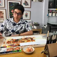 水彩画を描くアニメトーイ氏