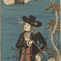 版元無記《紅毛人遠見之図》江戸後期 多色刷木版 長崎歴史文化博物館 ※展示期間は 3 月 6 日(火)~4 月 8 日(日)です