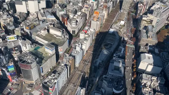 真下に広がる都会の景色