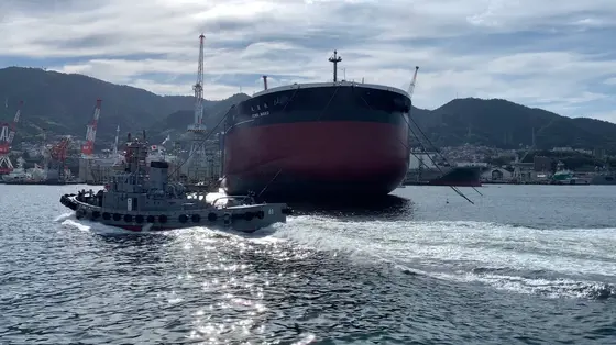 クルーズ船の真横を艦艇が走っていきます