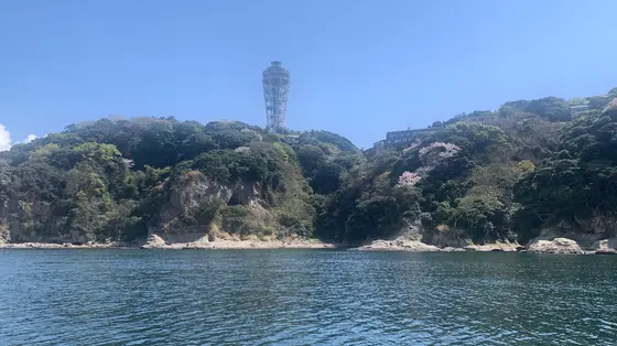船内から江ノ島を見る