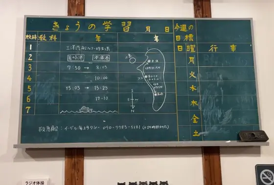 時間割の黒板は船の時刻表として再利用