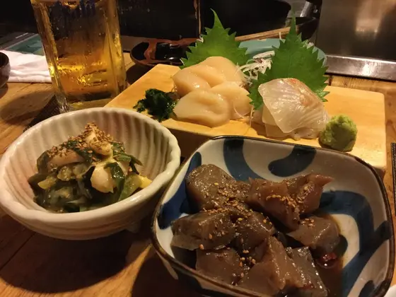 お刺身、ねぎぬた、ピリ辛蒟蒻