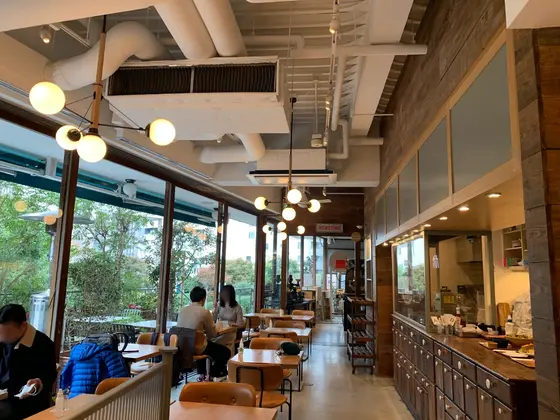 緑が見える開放的な店内