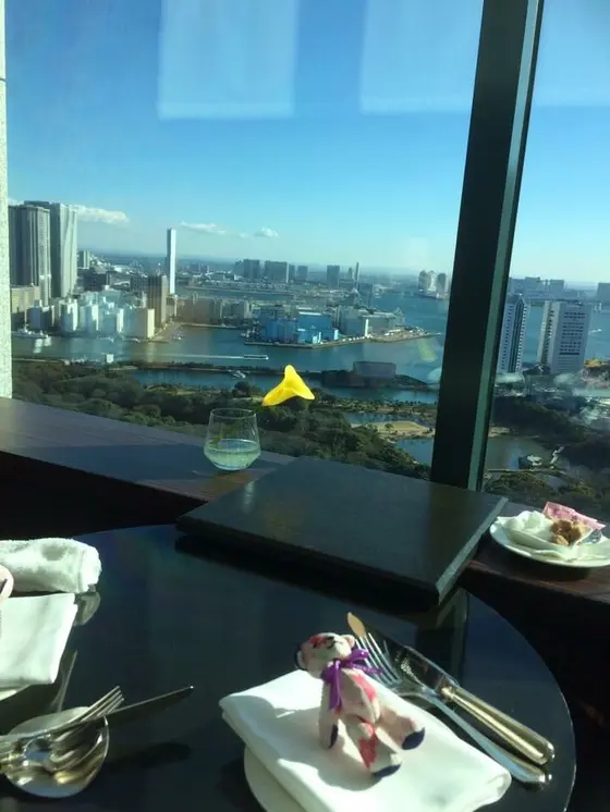 浜離宮恩賜庭園が広がる窓際で