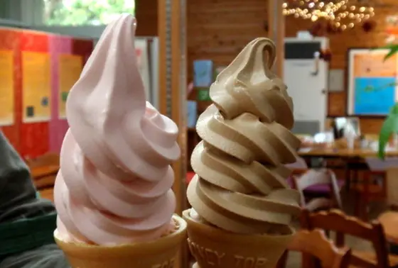 入口付近でソフトクリームを食べる