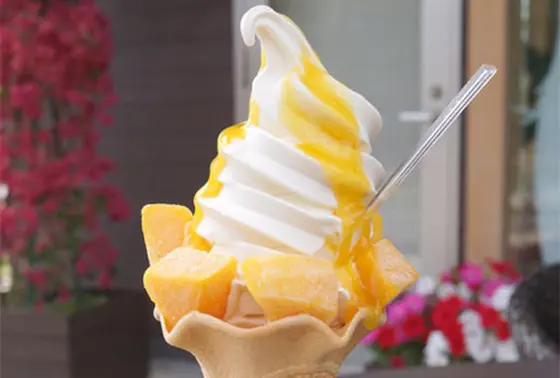 パラボラチョカフェのソフトクリーム（宮崎県産完熟マンゴートッピング）