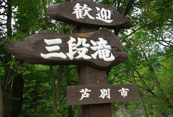 原生林の中にある三段滝
