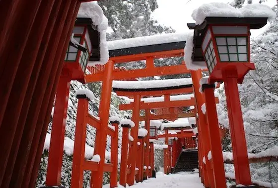 雪に映える朱色の鳥居