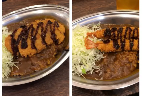 「カレーのチャンピオン」のカツカレーと海老フライカレー