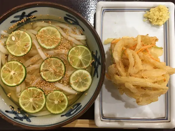 すだちうどん並 ￥490・新玉ねぎのかき揚げ ￥180