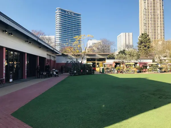 芝生があって天気がいい日はテラス席で