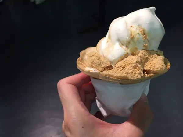 信玄餅ソフトクリーム！ソフトクリームがとけ気味ですが…信玄餅がつくりたてでもちもちして美味しかった！その他、信玄餅パンがおすすめです。