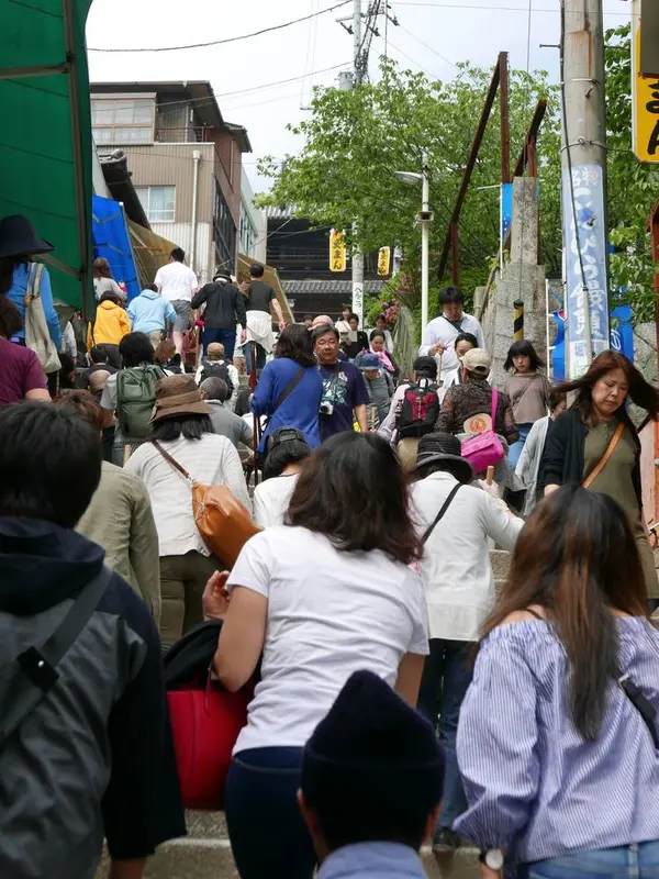 長く連続する石段は人で一杯