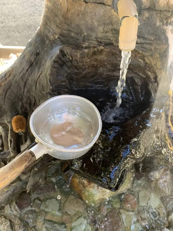 株湯の温泉水を飲む