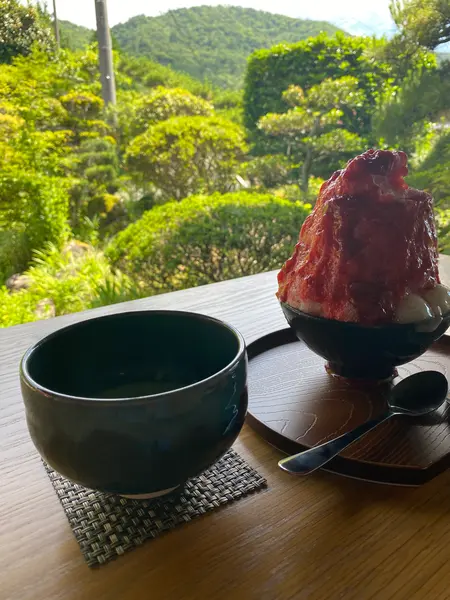お庭を眺めながら苺のかき氷を堪能