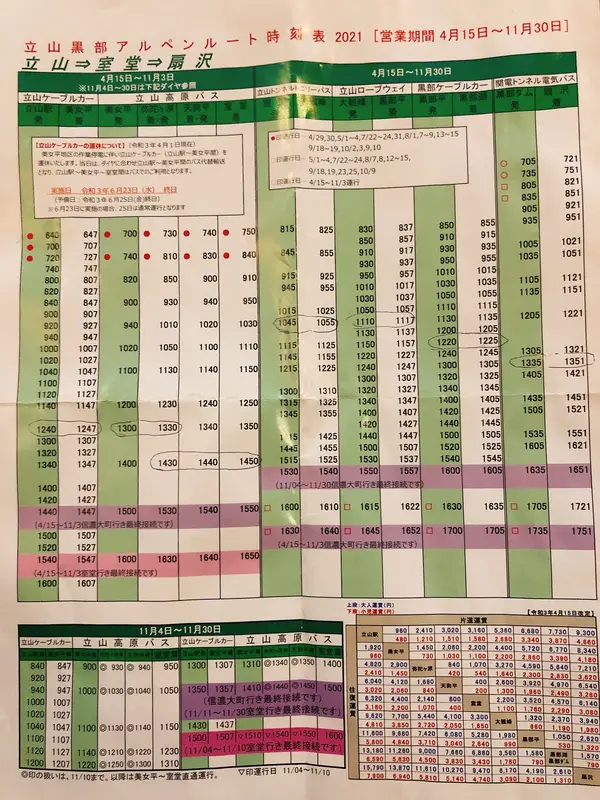 立山黒部アルペンルート時刻表（追記）