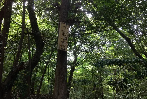不動温泉の案内札が