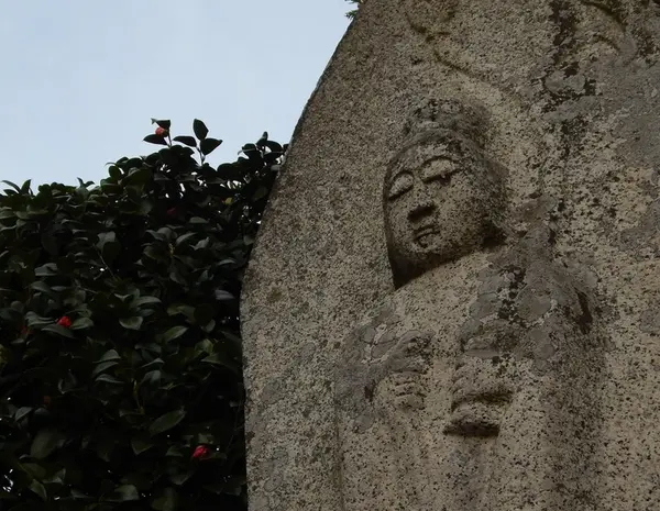 石仏と椿