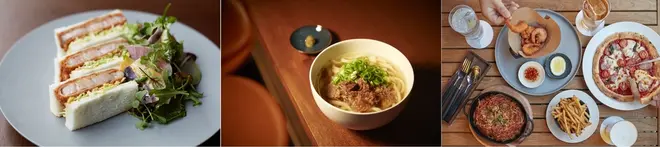 　左：　知床斜里産 匠の豚麦王のカツサンド 東京都産 トキハソース　2,400円 　中央： 国産牛 牛すじうどん 九条葱 東京都産 丸大豆醤油 檜原村柚子胡椒　2,000円 　右：　左上から時計回りに