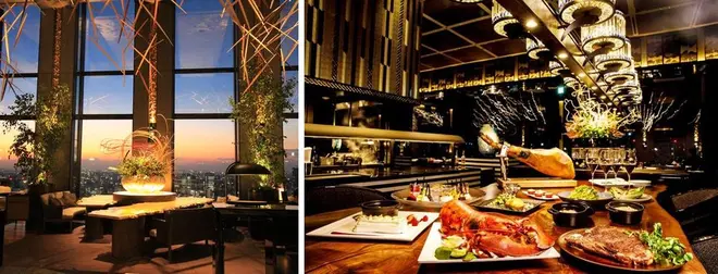 「SHIZUKU LOUNGE」からのサンセットビュー イメージ（左）、SVIP SEAT スペシャルサンセットディナー（右）