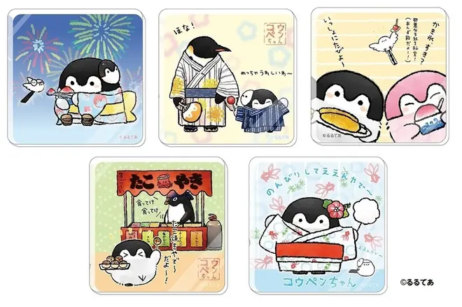 先行 コウペンちゃんの夏祭り アクリルマグネット（大人のペンギンさんとじんべいコウペンちゃん・焼きとうもろこし、かき氷・たこ焼き屋さん・金魚）©るるてあ