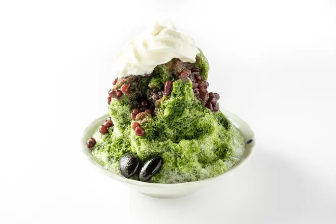 かき氷 抹茶あずき　高萩産花豆 常陸大黒を添えて 850円＜トッピング/練乳エスプーマ＋100円＞