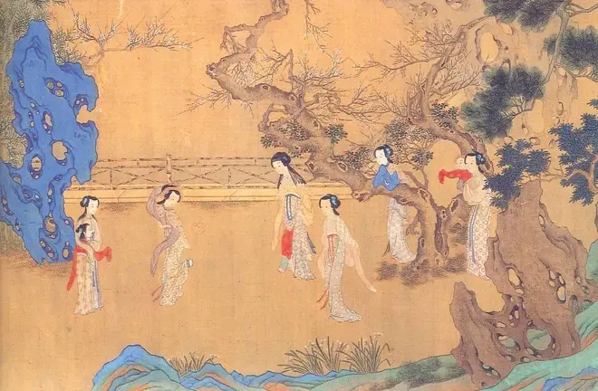 【上】仕女図巻（部分）伝仇英(きゅうえい)筆　中国・明時代