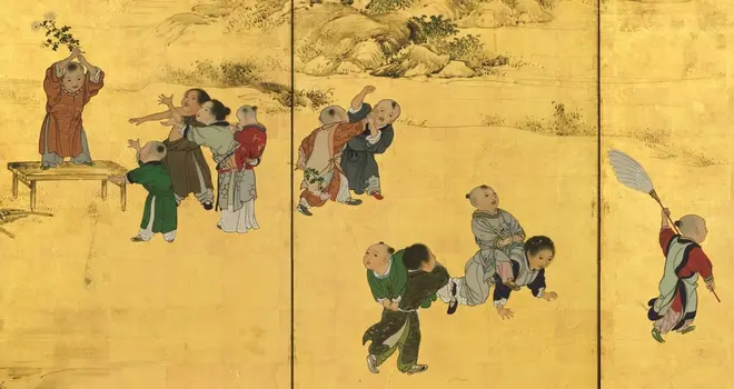 横山華山《唐子図屛風》左隻部分 文政9(1826)年 個人蔵