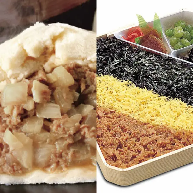 左:「揚子江の豚まん」右:「東筑軒のかしわめし」