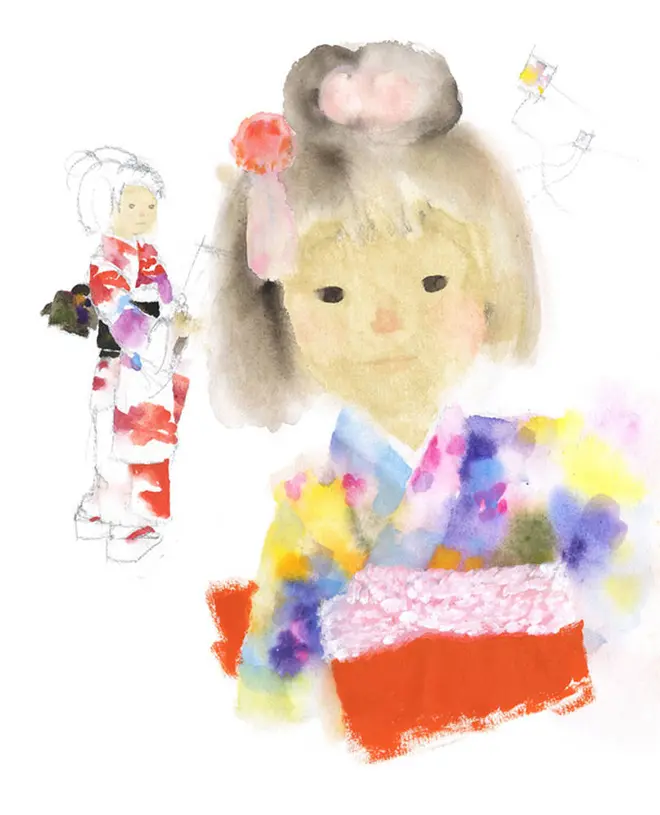 いわさきちひろ　晴れ着を着たふたりの少女　1971年
