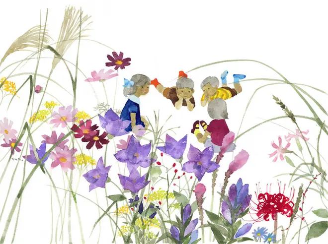 いわさきちひろ　秋の花と子どもたち　1965年