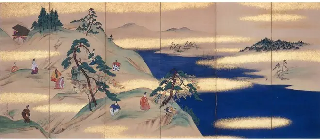 岡田為恭筆「春秋鷹狩茸狩図屏風」左隻　江戸時代後期