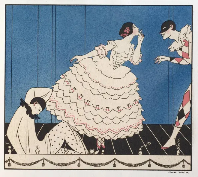 ジョルジュ・バルビエ版画『ル・カルナヴァル』より「クラウンとコロンビーヌとアルルカン」1914年 ©兵庫県立芸術文化センター