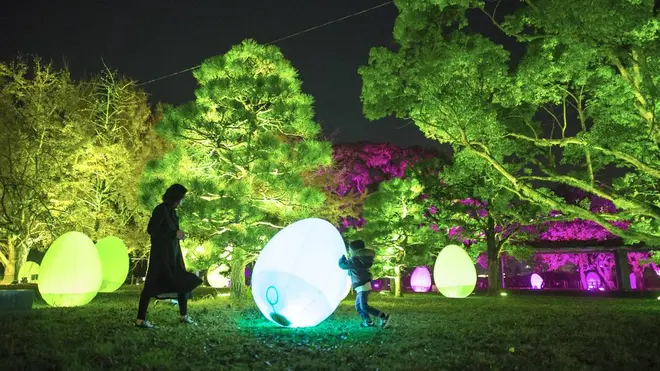 呼応する、たちつづけるものたちと木々 / Resisting and Resonating Ovoids and Trees teamLab, 2017, Interactive Digital Installation, Endless, Sound: Hideaki Takahashi