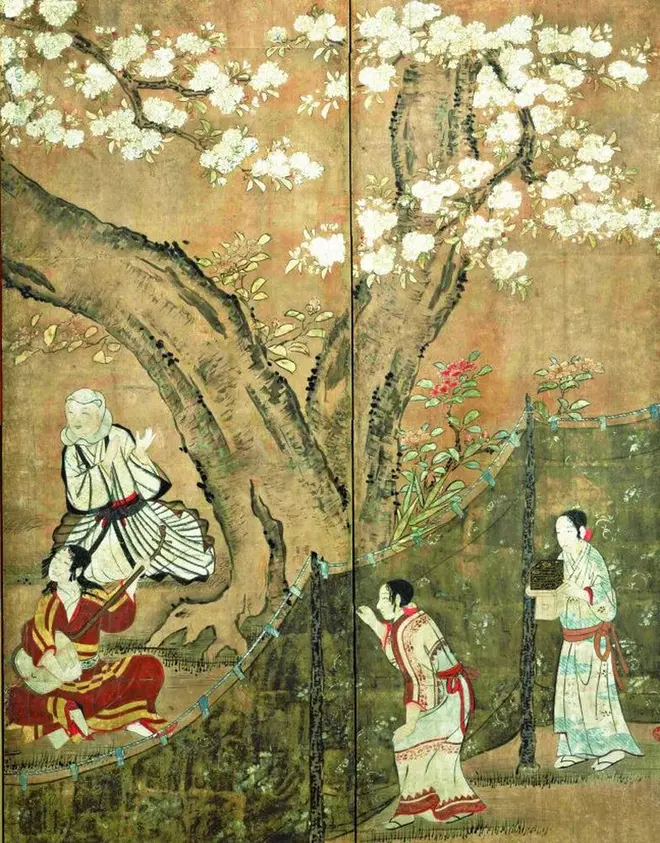 国宝「花下遊楽図屏風(かかゆうらくずびょうぶ)」(部分)