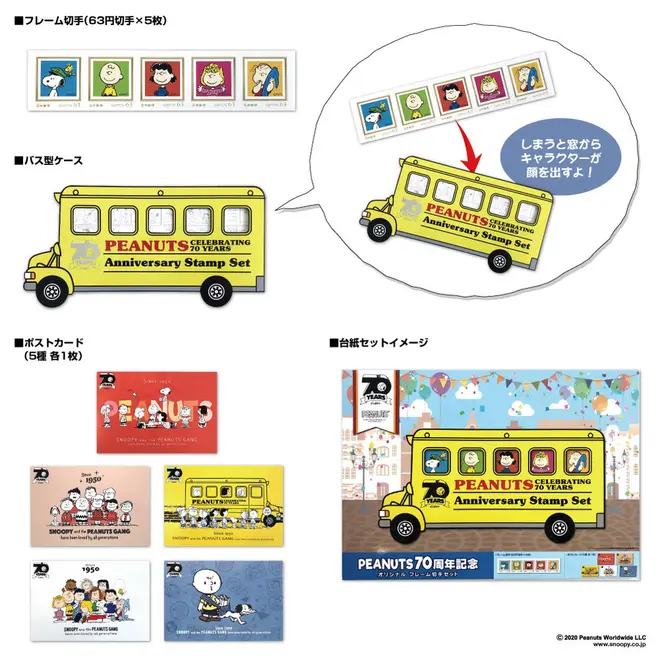 PEANUTS70周年記念 オリジナル フレーム切手セット 1,230円（税込）（c） 2020 Peanuts Worldwide LLC