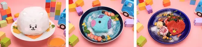 RJのわたあめプリンアラモード、MANGのアサイーボウル、TATAのVery!Berry！サンド イメージ（c）BT21