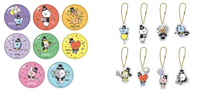 缶バッジ（ランダム8種）、アクリルキーホルダー（ランダム8種） イメージ（c）BT21