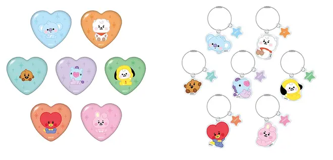 ハート型缶バッジ（ランダム7種）、アクリルキーリング（全7種） イメージ（c）BT21
