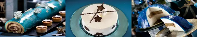 （左）星空のスパークルシャワーロールケーキ （中）クレームダンジュ スターチョコレート （右）ブリティッシュプティングプラネタリウム～Dome by the Dome～ イメージ