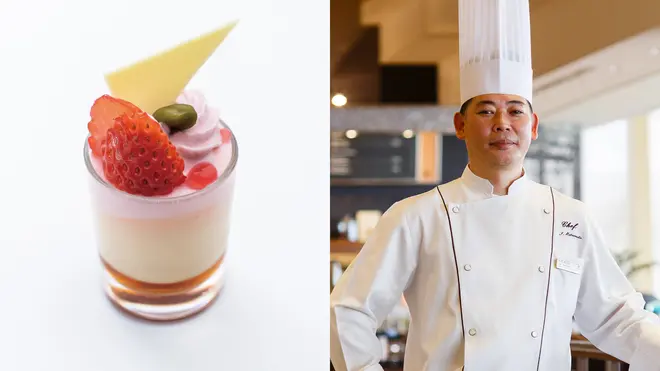 【シェラトン・グランデ・トーキョーベイ・ホテル 料飲部調理ベーカリー&ペストリーシェフ 松本 猪武起】 千葉県産菜の花蜂蜜と苺のムース イメージ