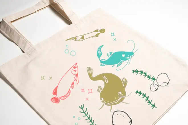 「たまずんと黄金色のさかなたちのオリジナルスタンプでトートバッグを作ろう！」作成イメージ