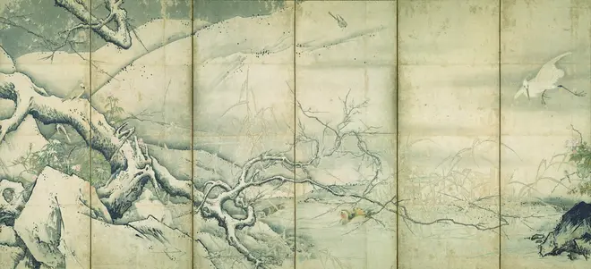 重要文化財　四季花鳥図屛風（左隻）　雪舟等楊筆　室町時代・15世紀　京都国立博物館蔵   【展示期間：4月13 日～5月6日】