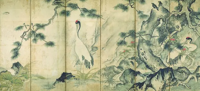 重要文化財　四季花鳥図屛風（右隻）　雪舟等楊筆　室町時代・15世紀　京都国立博物館蔵   【展示期間：4月13 日～5月6日】