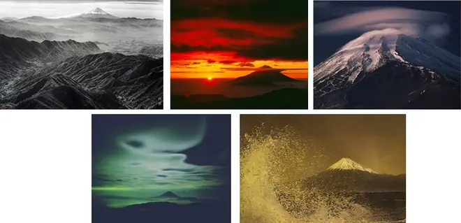 （左上）「山波」撮影：岡田紅陽 収蔵：岡田紅陽写真美術館／（中央上）南アルプス千枚小屋から「真紅に燃える朝雲と富士山」 撮影：白簱史朗／（右上）静岡県裾野市から「笠雲」 撮影：竹内敏信／（左下）(c) Yukio Ohyama／（右下）Hommage to Hokusai (c) Mineko Orisaku イメージ