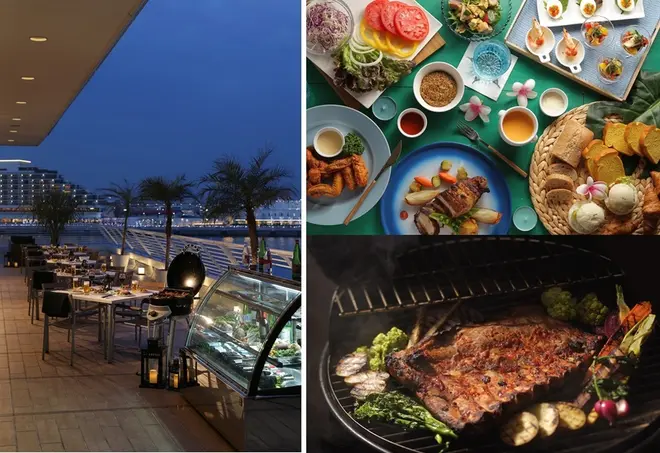 左：ビアテラス風景、右上：バイキング料理、右下：スペシャルスペアリブセット